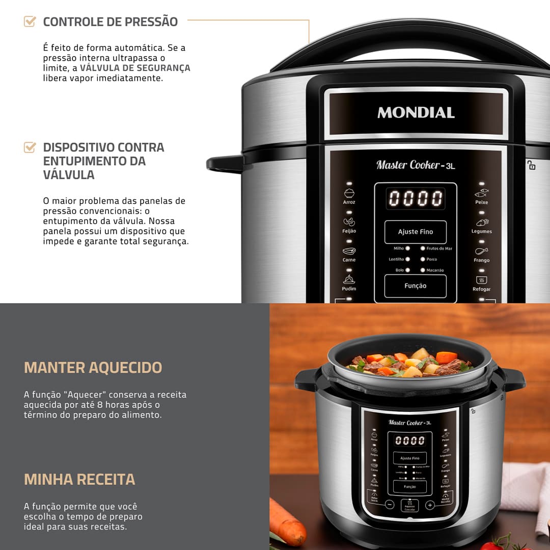 Essa Panela Elétrica de Pressão Mondial possui 3 litros de capacidade, sendo perfeita para preparar refeições para toda a família. Com cuba removível, que facilita a limpeza, ela pode ser utilizada para cozinhar feijão, arroz, sopas, legumes, entre outras receitas. 