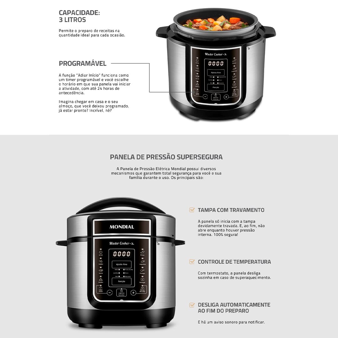 Essa Panela Elétrica de Pressão Mondial possui 3 litros de capacidade, sendo perfeita para preparar refeições para toda a família. Com cuba removível, que facilita a limpeza, ela pode ser utilizada para cozinhar feijão, arroz, sopas, legumes, entre outras receitas. 