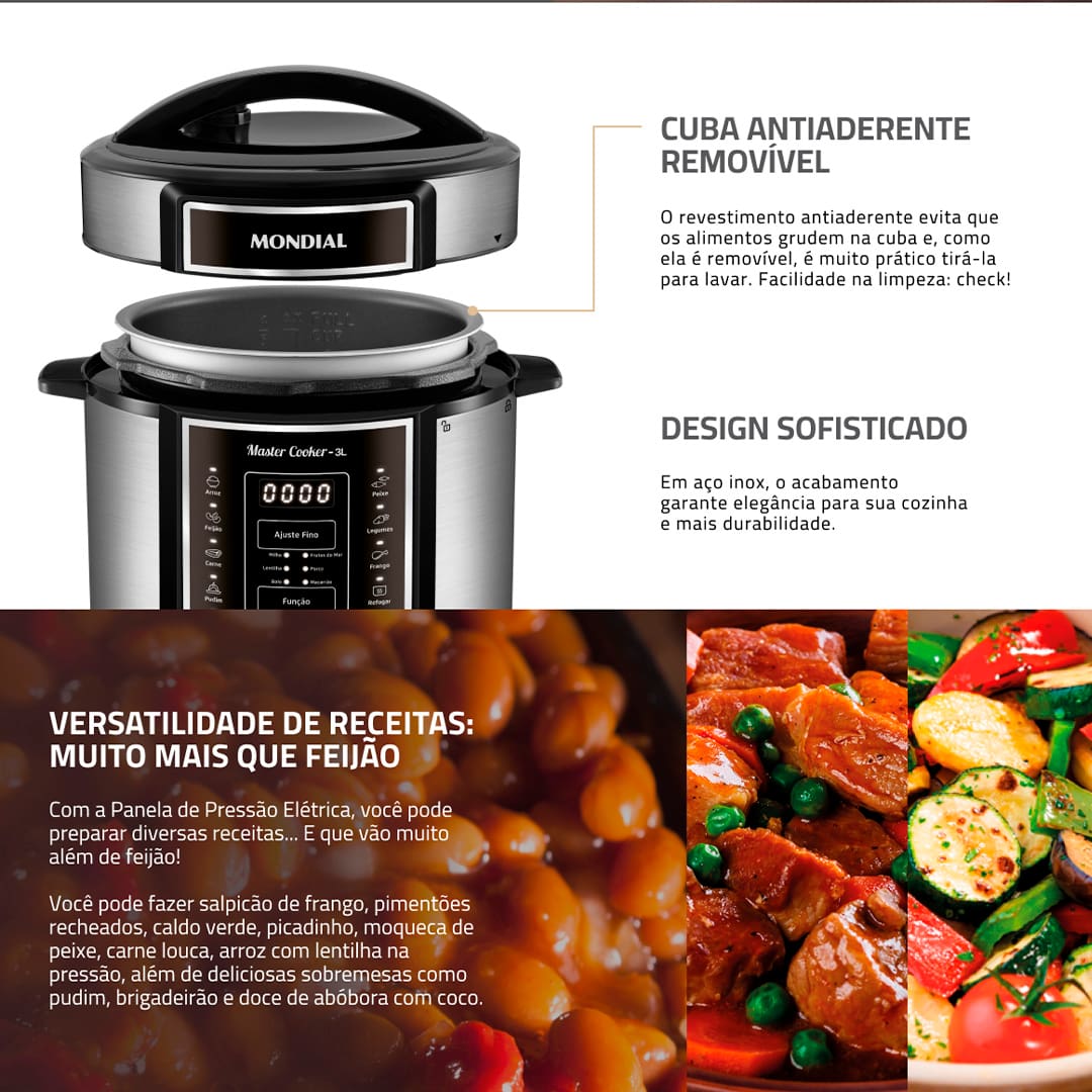 Essa Panela Elétrica de Pressão Mondial possui 3 litros de capacidade, sendo perfeita para preparar refeições para toda a família. Com cuba removível, que facilita a limpeza, ela pode ser utilizada para cozinhar feijão, arroz, sopas, legumes, entre outras receitas. 