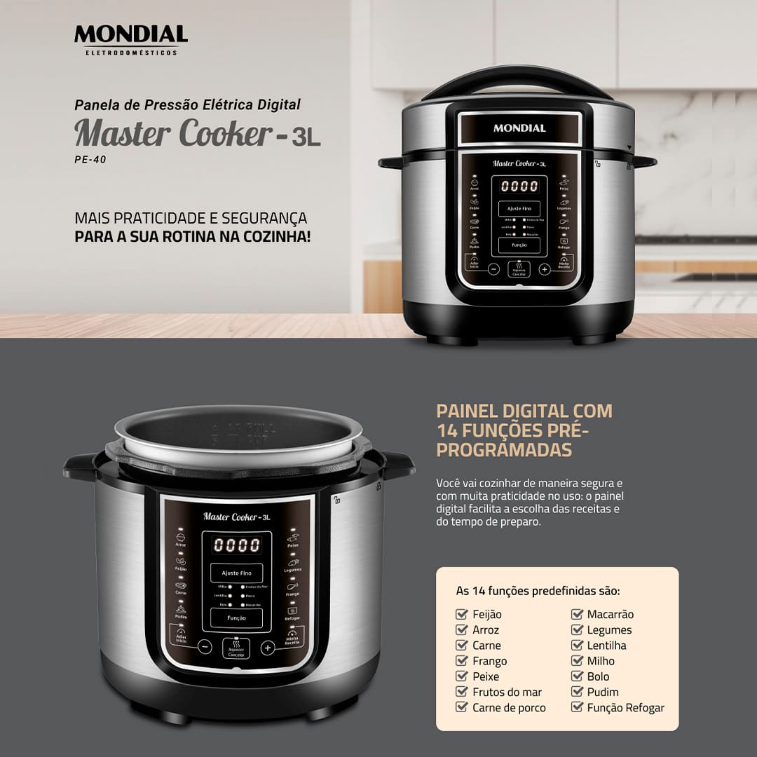 Essa Panela Elétrica de Pressão Mondial possui 3 litros de capacidade, sendo perfeita para preparar refeições para toda a família. Com cuba removível, que facilita a limpeza, ela pode ser utilizada para cozinhar feijão, arroz, sopas, legumes, entre outras receitas. 