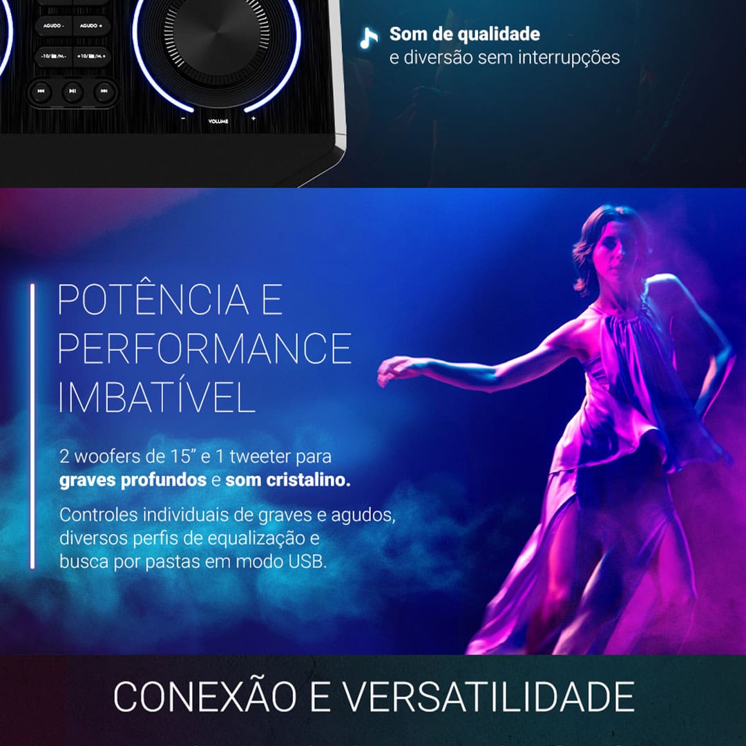 Som potente para festas inesquecíveis Transforme suas festas com a Torre de Som Amplificada Philco PCX35000! Com impressionantes 3500W de potência, ela é equipada com dois woofers de 15” e um tweeter, garantindo graves intensos e uma qualidade de som que vai agitar qualquer evento.
