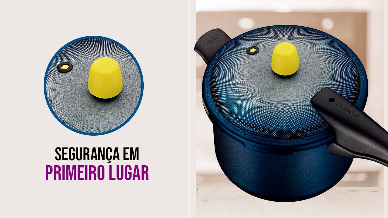 Panela de Pressão vista de cima com destaque para a tampa e segurança