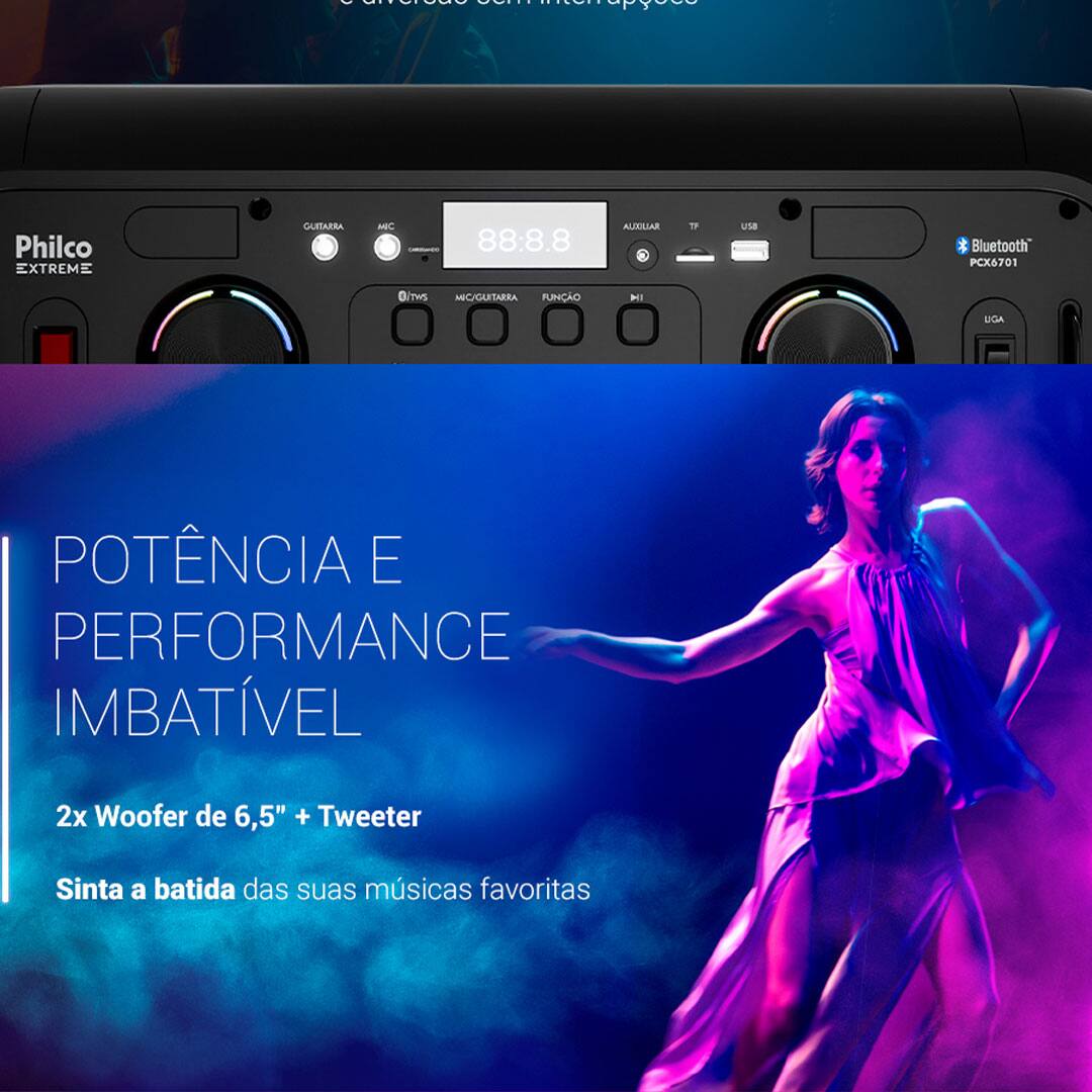 Caixa de Som Amplificada Philco PCX6701 com Bluetooth, Iluminação LED e Controle Remoto - 650W