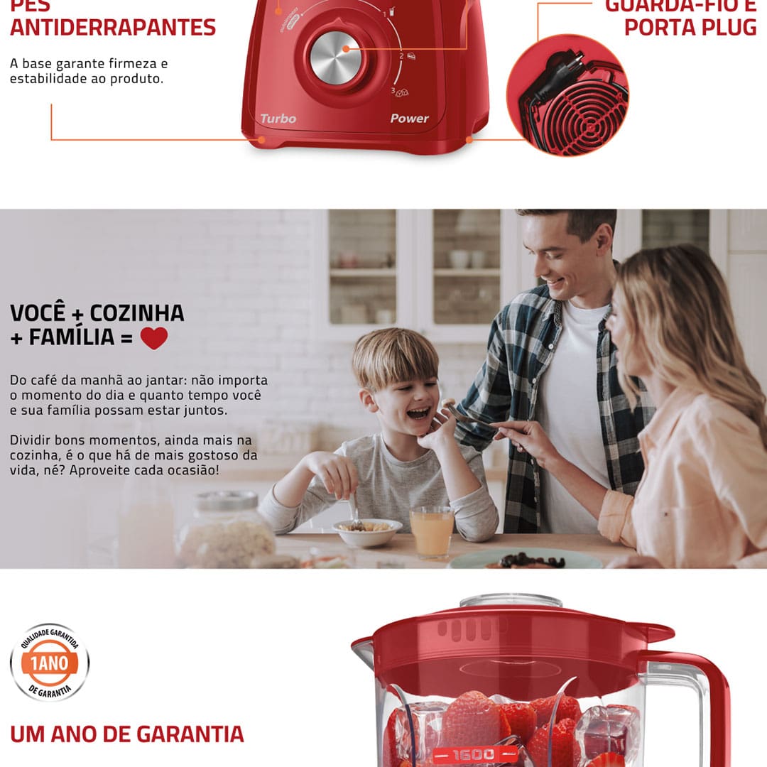 O Liquidificador Mondial Turbo Power L99-FR é o item que não pode faltar em sua cozinha. Com ele, você irá preparar muitas receitas com rapidez e praticidade. E o resultado final é incrível. Suas sopas, sucos, vitaminas e misturas diversas ficarão muito mais saborosas, consistentes e homogêneas.