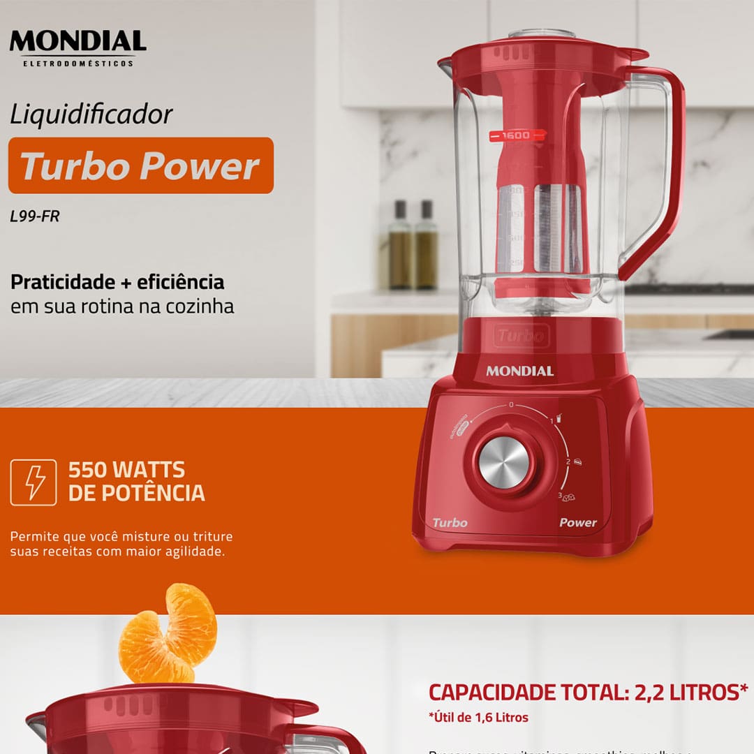 O Liquidificador Mondial Turbo Power L99-FR é o item que não pode faltar em sua cozinha. Com ele, você irá preparar muitas receitas com rapidez e praticidade. E o resultado final é incrível. Suas sopas, sucos, vitaminas e misturas diversas ficarão muito mais saborosas, consistentes e homogêneas.