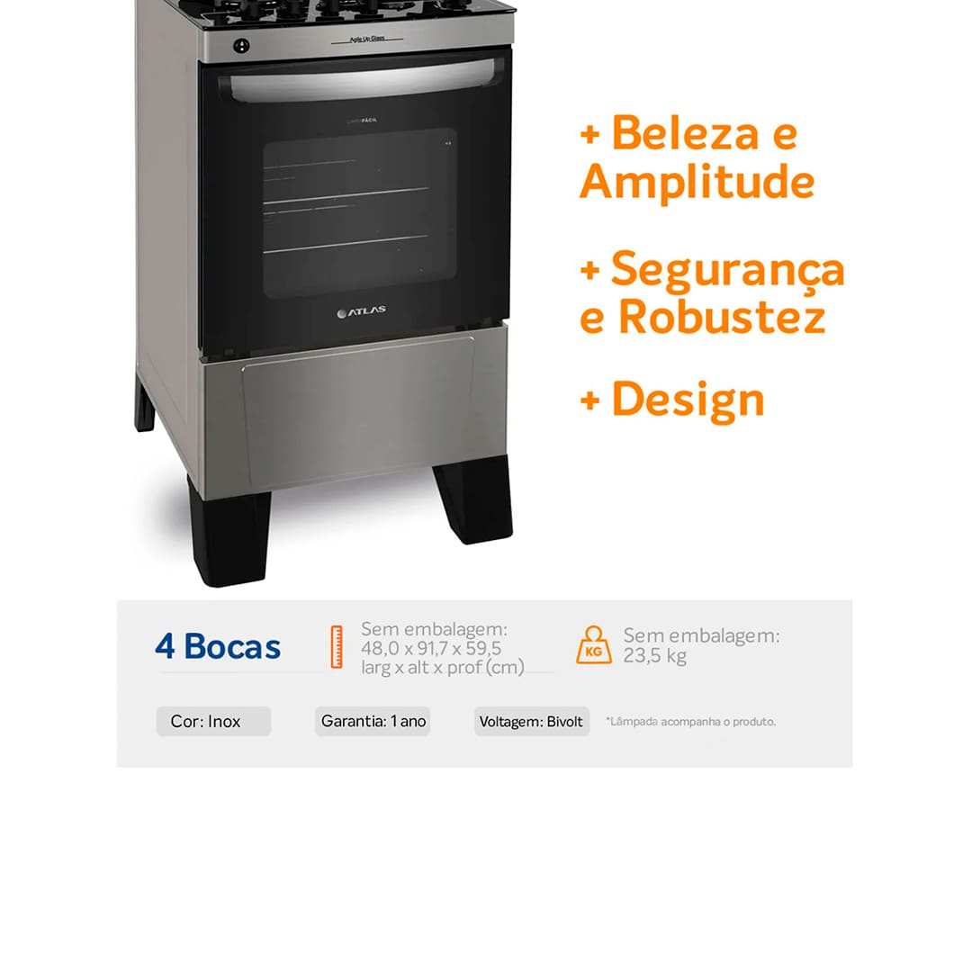 Fogão Atlas 4 Bocas Agile Up Glass