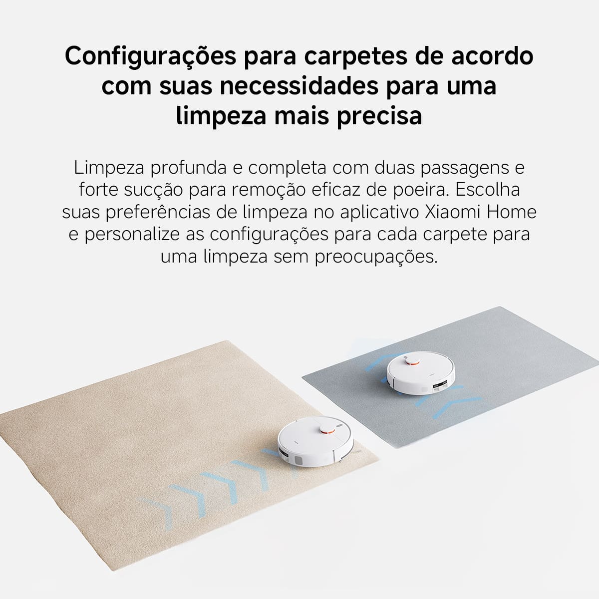A imagem exibe dois aspiradores robô Xiaomi em ação sobre diferentes tipos de tapetes, ilustrando a capacidade de personalização de limpeza para diversas superfícies.
