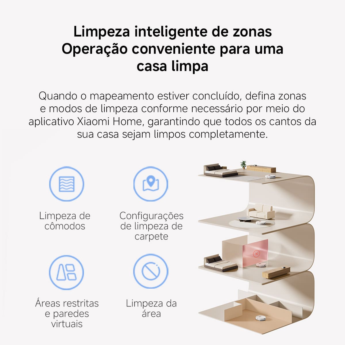Uma representação gráfica do aplicativo Xiaomi Home para gerenciamento de robôs aspiradores destaca funcionalidades de limpeza inteligente de zonas para uma casa impecável.