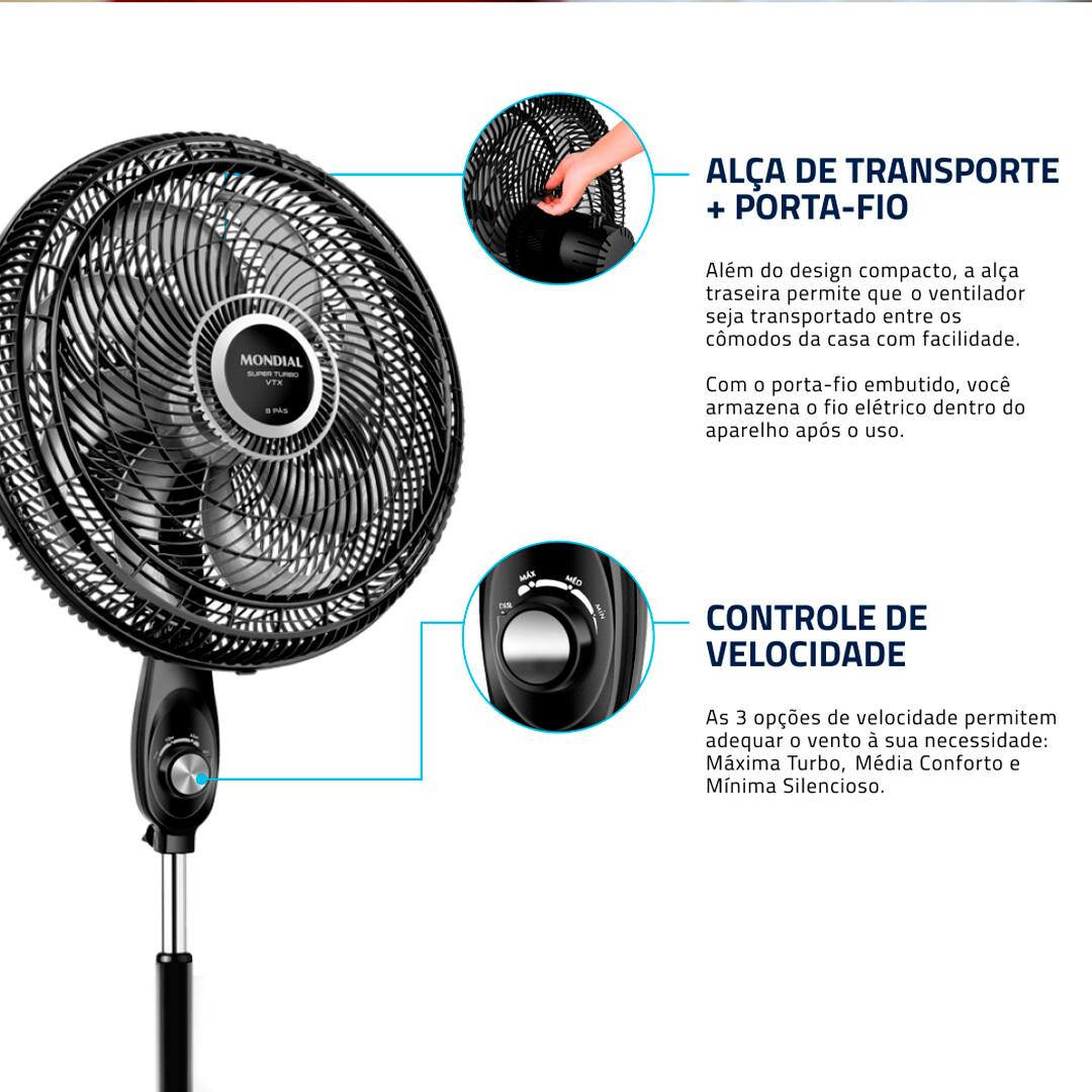 Muito mais eficiente na hora de ventilar o ambiente. O Ventilador de Coluna Mondial Turbo VTX-50C-8P deixa qualquer espaço bem arejado! Com grande vazão de ar, o equipamento possui 8 pás e 150W de potência. Para sua casa ou escritório, pode apostar na qualidade e alta durabilidade do Ventilador de Coluna Mondial!