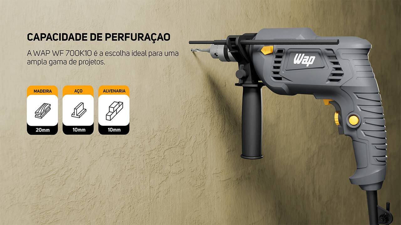 Parafusadeira e Furadeira de Impacto 3/8" (10mm) Wap 700K10 com Acessórios