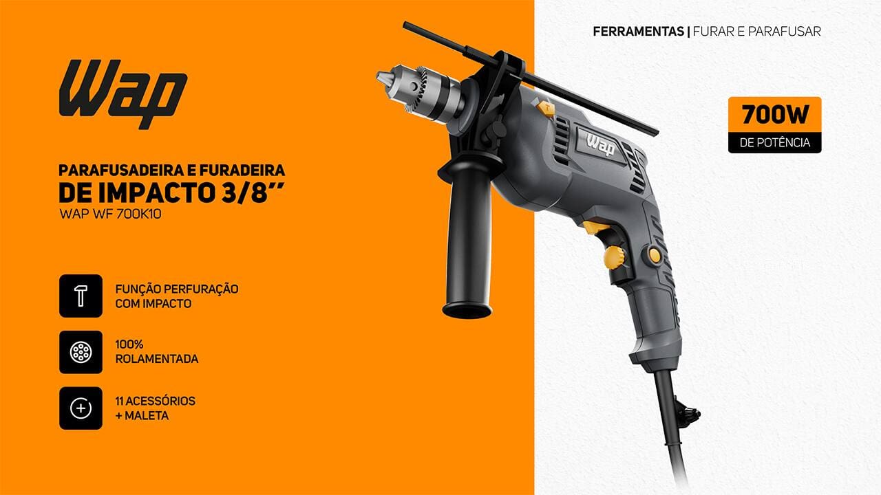 Parafusadeira e Furadeira de Impacto 3/8" (10mm) Wap 700K10 com Acessórios