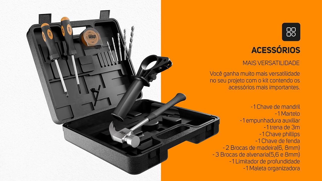 Parafusadeira e Furadeira de Impacto 3/8" (10mm) Wap 700K10 com Acessórios
