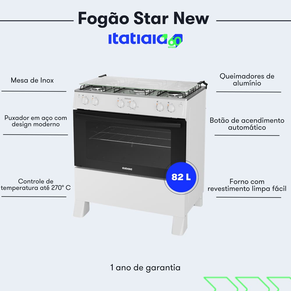 O Fogão 5 Bocas Star New da Itatiaia é a escolha perfeita para quem busca um produto de qualidade, com design moderno e funcionalidades que facilitam o dia a dia. Com mesa em inox, o fogão é resistente e fácil de limpar. O acendimento automático garante facilidade e praticidade no preparo das refeições e e garante mais segurança na hora de cozinhar.
