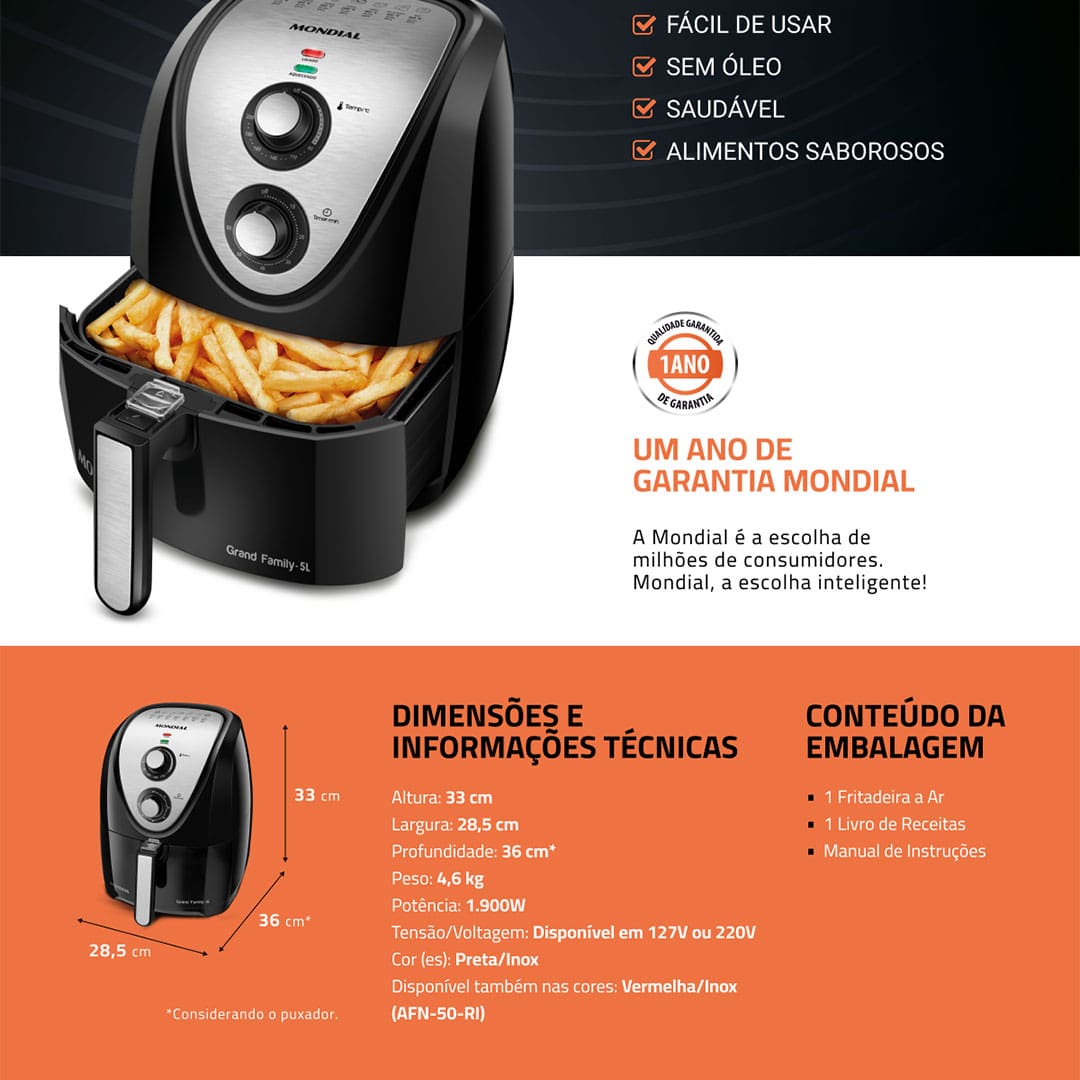Fritadeira Elétrica Sem Óleo Mondial AFN-50 Grand Family Inox 5L - Preta 