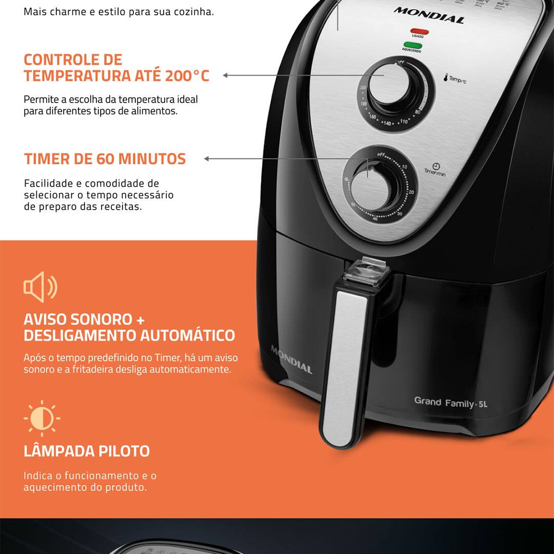 Fritadeira Elétrica Sem Óleo Mondial AFN-50 Grand Family Inox 5L - Preta 