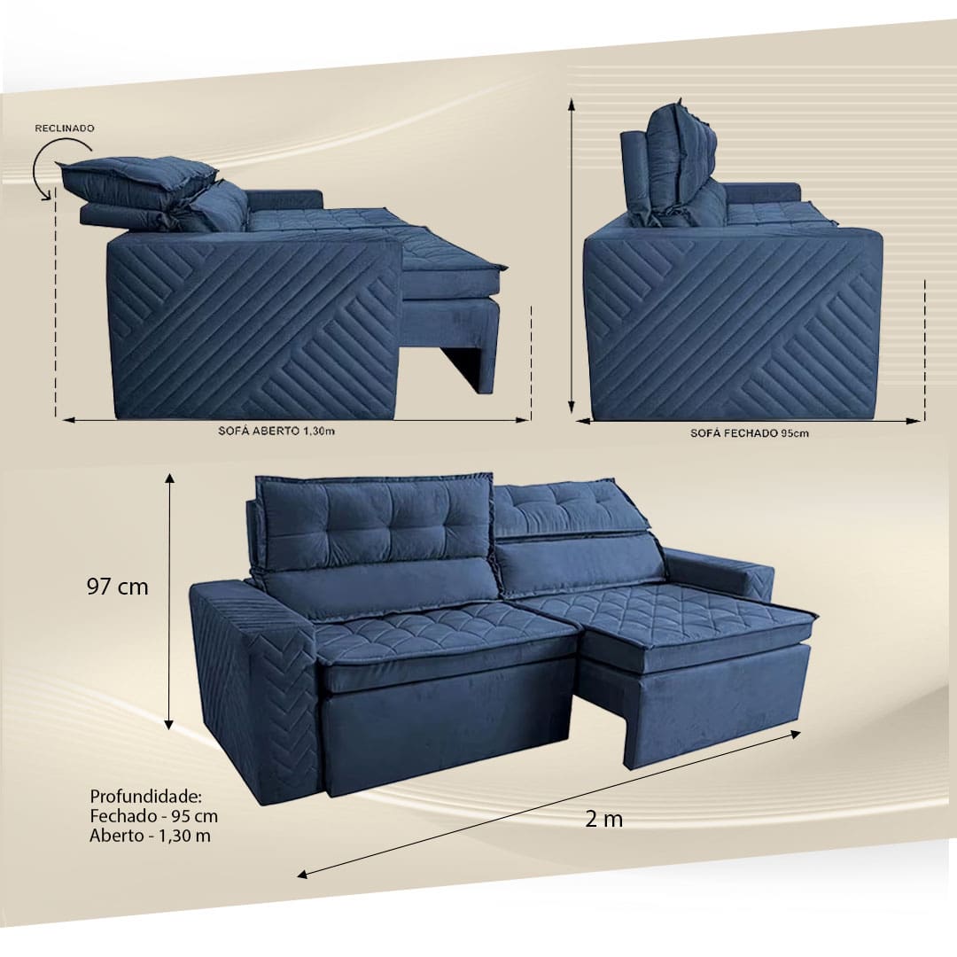 Sofá Cama inBox Belém azul três imagens frontal lado lateral em detalhe medidas ângulos diferentes profundidade sofá aberto fechado reclinado