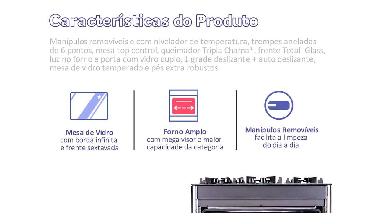 Fogão Dako 5 Bocas Magister Preto com Mesa de Vidro