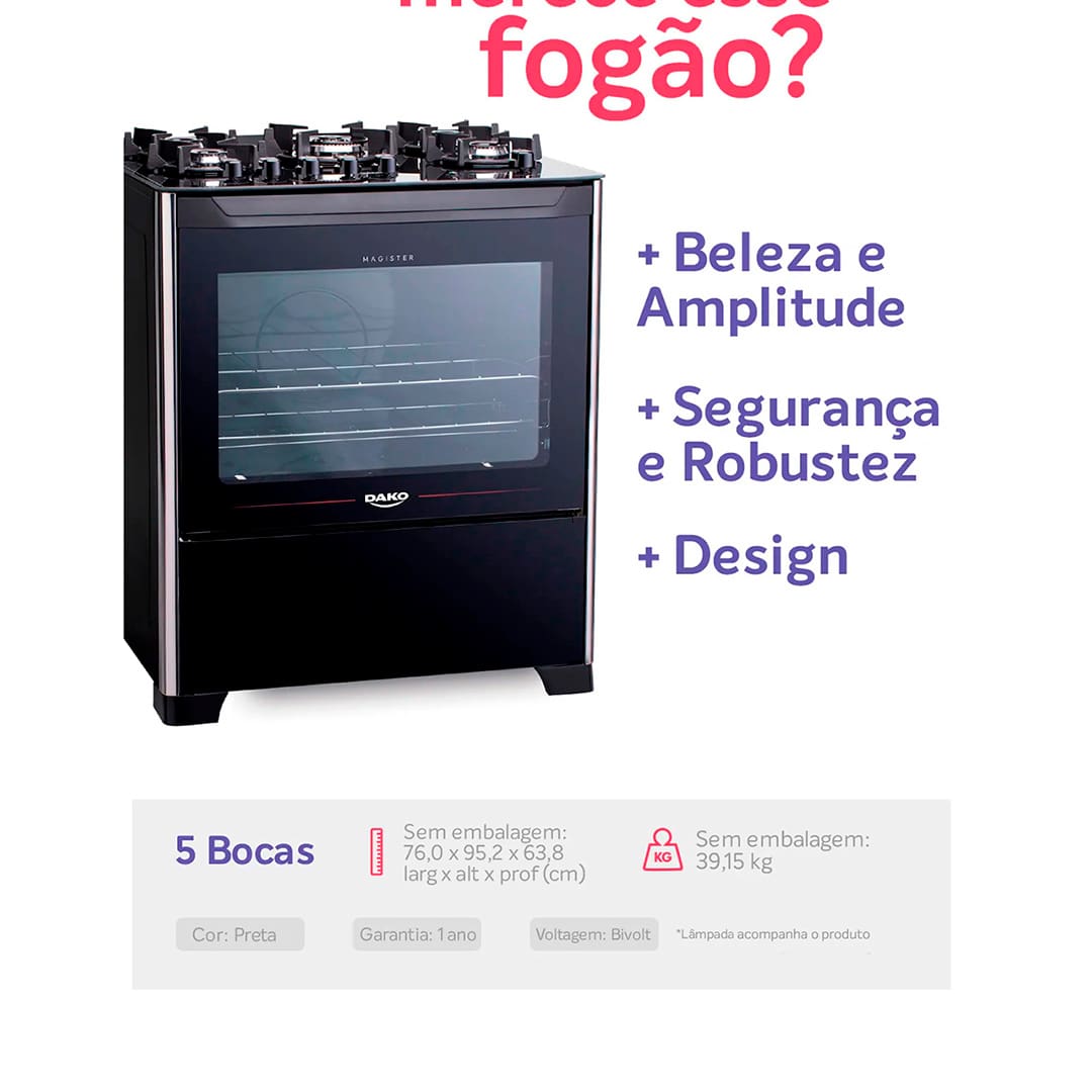 Fogão Dako 5 Bocas Magister Preto com Mesa de Vidro