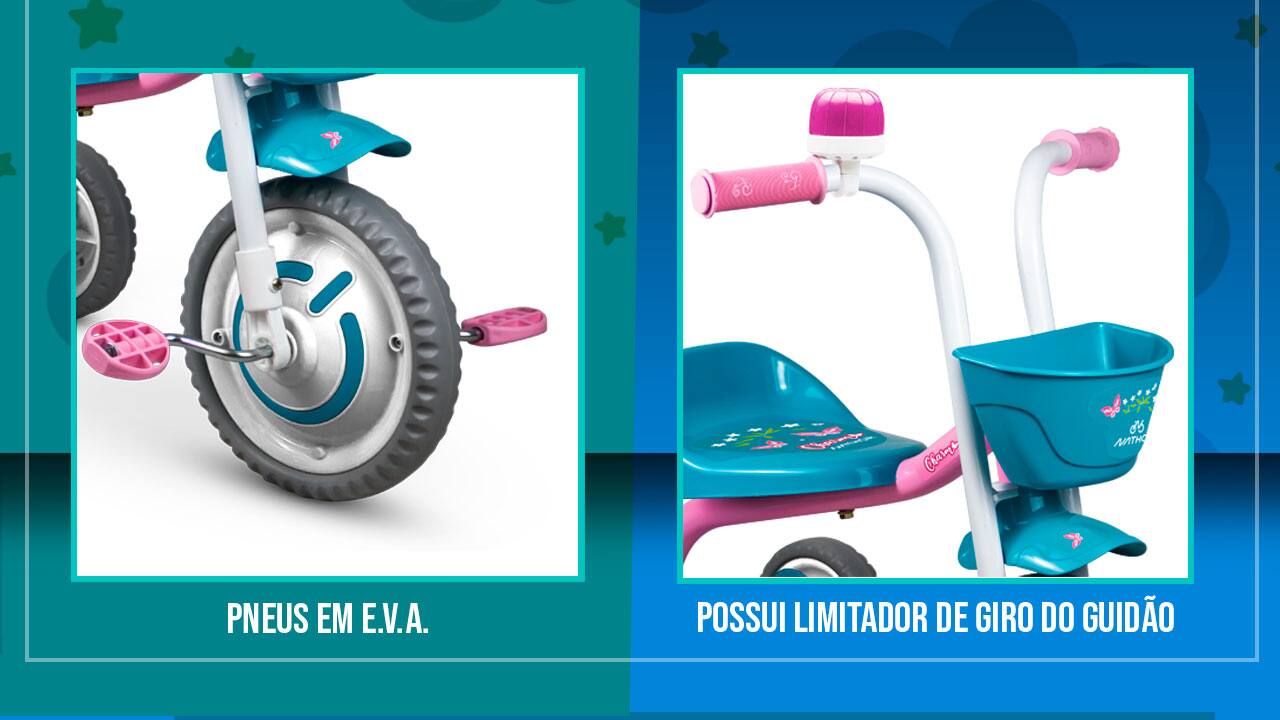 imagem destaca os pneus em EVA e  limitador de giro do guidão
