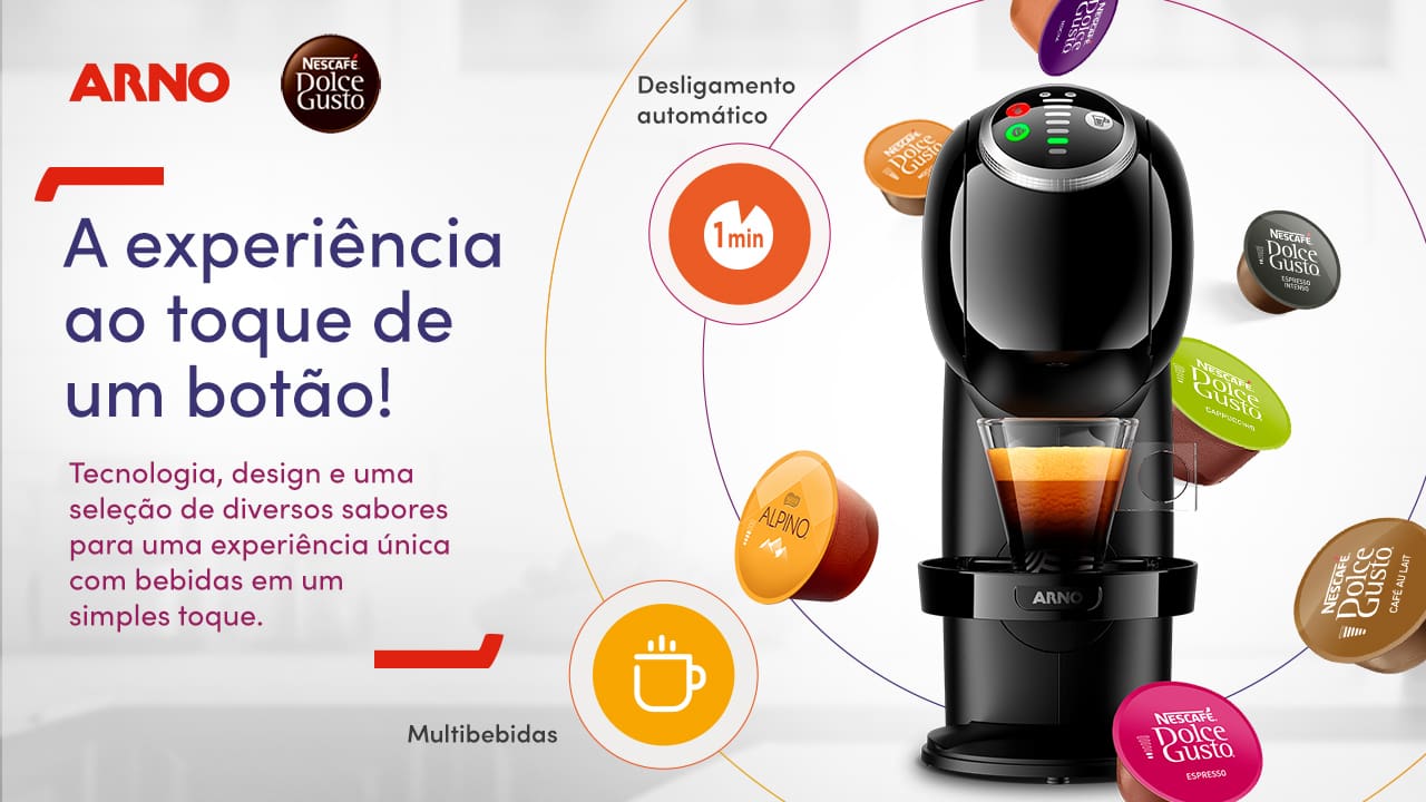 Versatilidade em Cada xícara A Máquina de Café Arno Nescafé Dolce Gusto Genio S Plus é uma máquina multi bebidas que transforma a experiência do café em casa. Com a capacidade de preparar mais de 45 tipos de bebidas, ela atende a todos os gostos, desde cafés curtos e longos até chás e chocolate quente. Sua operação é rápida e eficiente, permitindo que você desfrute de sua bebida favorita em menos de 30 segundos.