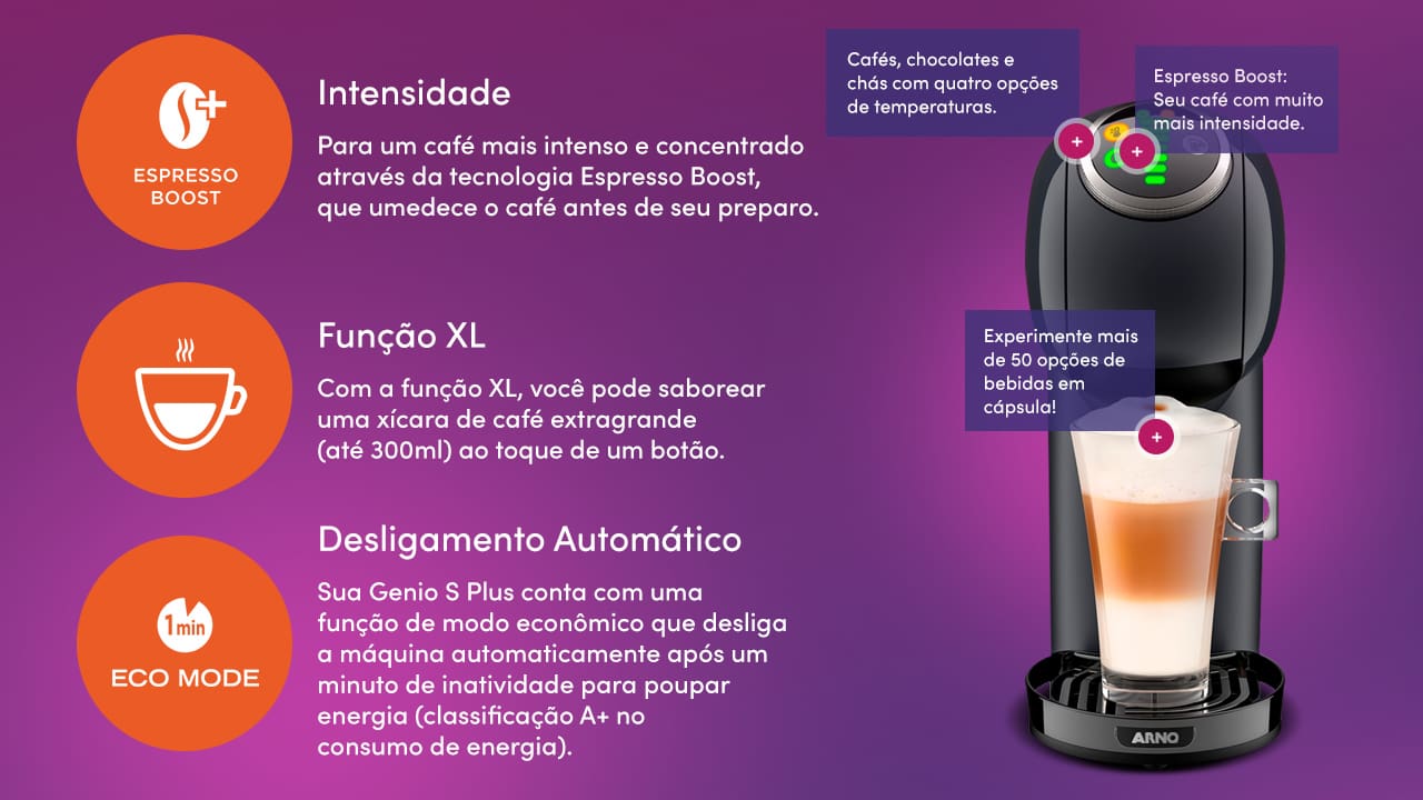 Versatilidade em Cada xícara A Máquina de Café Arno Nescafé Dolce Gusto Genio S Plus é uma máquina multi bebidas que transforma a experiência do café em casa. Com a capacidade de preparar mais de 45 tipos de bebidas, ela atende a todos os gostos, desde cafés curtos e longos até chás e chocolate quente. Sua operação é rápida e eficiente, permitindo que você desfrute de sua bebida favorita em menos de 30 segundos.