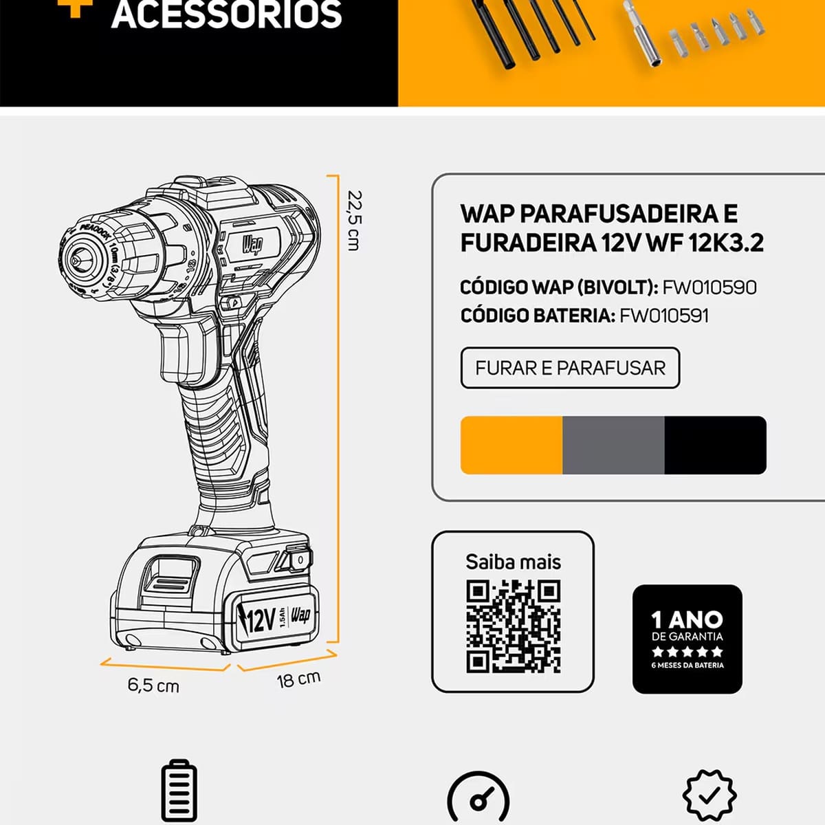 Parafusadeira e Furadeira WAP WF12K3.2 Bateria 12V Bivolt