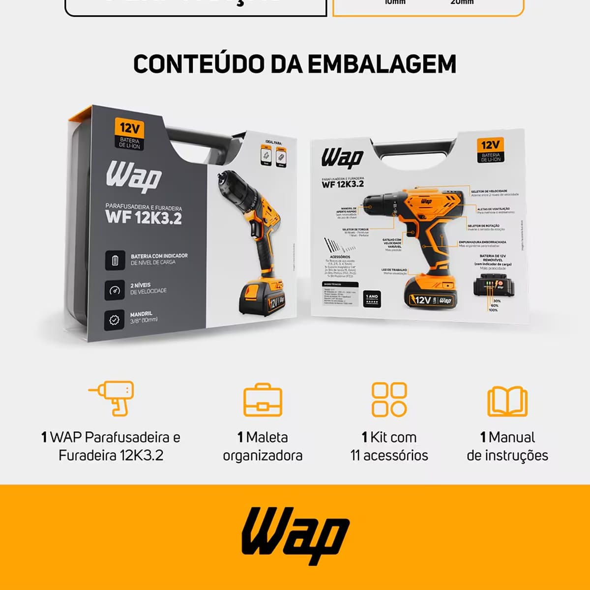 Parafusadeira e Furadeira WAP WF12K3.2 Bateria 12V Bivolt