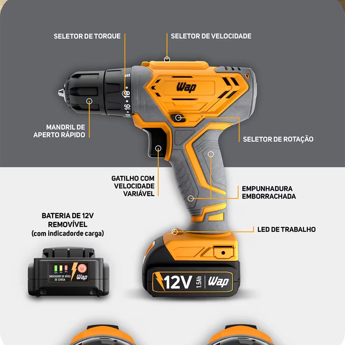 Parafusadeira e Furadeira WAP WF12K3.2 Bateria 12V Bivolt