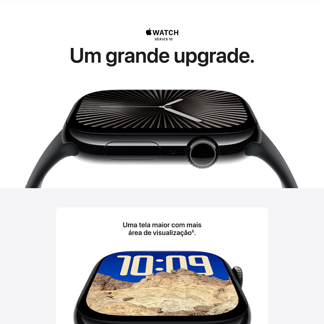 Conheça o Apple Watch Series 10. Com área de tela maior em um design mais fino e leve, recursos avançados de saúde e boa forma e recarga mais rápida.
