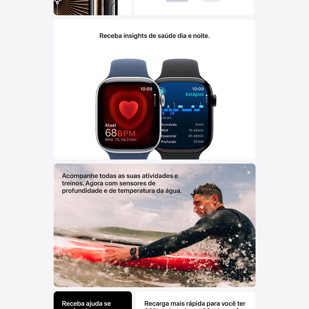 Conheça o Apple Watch Series 10. Com área de tela maior em um design mais fino e leve, recursos avançados de saúde e boa forma e recarga mais rápida.