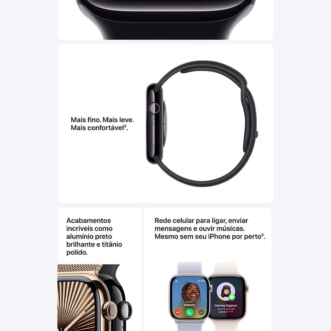 Conheça o Apple Watch Series 10. Com área de tela maior em um design mais fino e leve, recursos avançados de saúde e boa forma e recarga mais rápida.