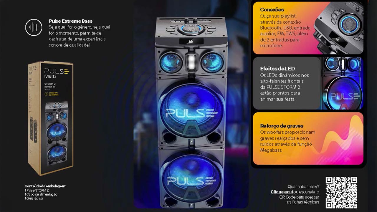 Potência e conectividade para animar suas festas A Torre de Som Pulse Storm SP514 Double se destaca como a caixa de som ideal para aqueles que buscam uma experiência sonora sem igual. Com uma potência impressionante de 1500W RMS, ela é equipada com dois alto-falantes de 10" e dois tweeters de 3". Esse sistema sonoro é projetado para cobrir uma ampla faixa de frequência, de 40Hz a 20KHz, garantindo uma clareza e fidelidade excepcionais. Cada batida e nuance musical são reproduzidas com precisão, permitindo que você desfrute de um som robusto e envolvente durante toda a festa.