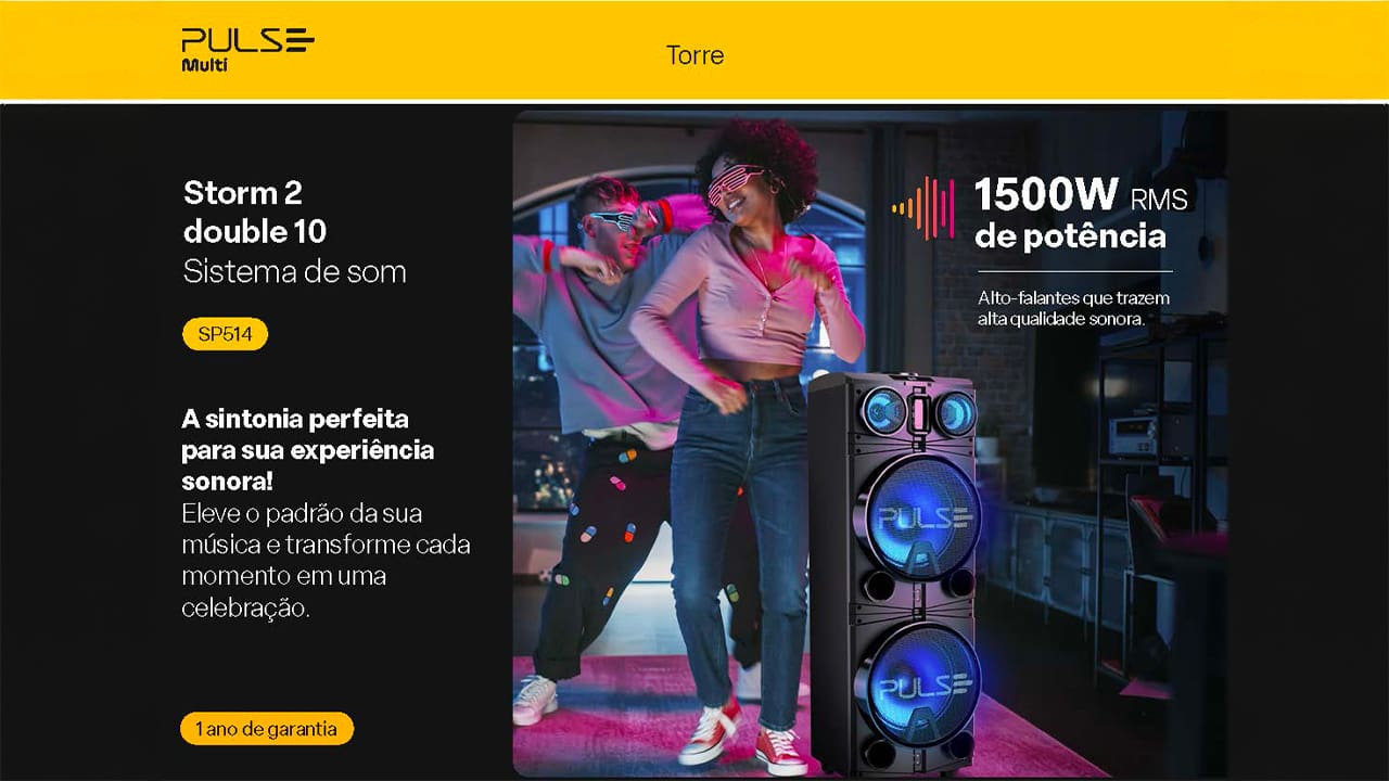 Potência e conectividade para animar suas festas A Torre de Som Pulse Storm SP514 Double se destaca como a caixa de som ideal para aqueles que buscam uma experiência sonora sem igual. Com uma potência impressionante de 1500W RMS, ela é equipada com dois alto-falantes de 10" e dois tweeters de 3". Esse sistema sonoro é projetado para cobrir uma ampla faixa de frequência, de 40Hz a 20KHz, garantindo uma clareza e fidelidade excepcionais. Cada batida e nuance musical são reproduzidas com precisão, permitindo que você desfrute de um som robusto e envolvente durante toda a festa.