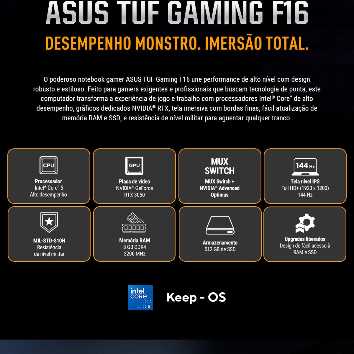 Notebook Gamer 16” Asus TUF Gaming F16 FX607VJ-RL002 Intel Core 5 210H