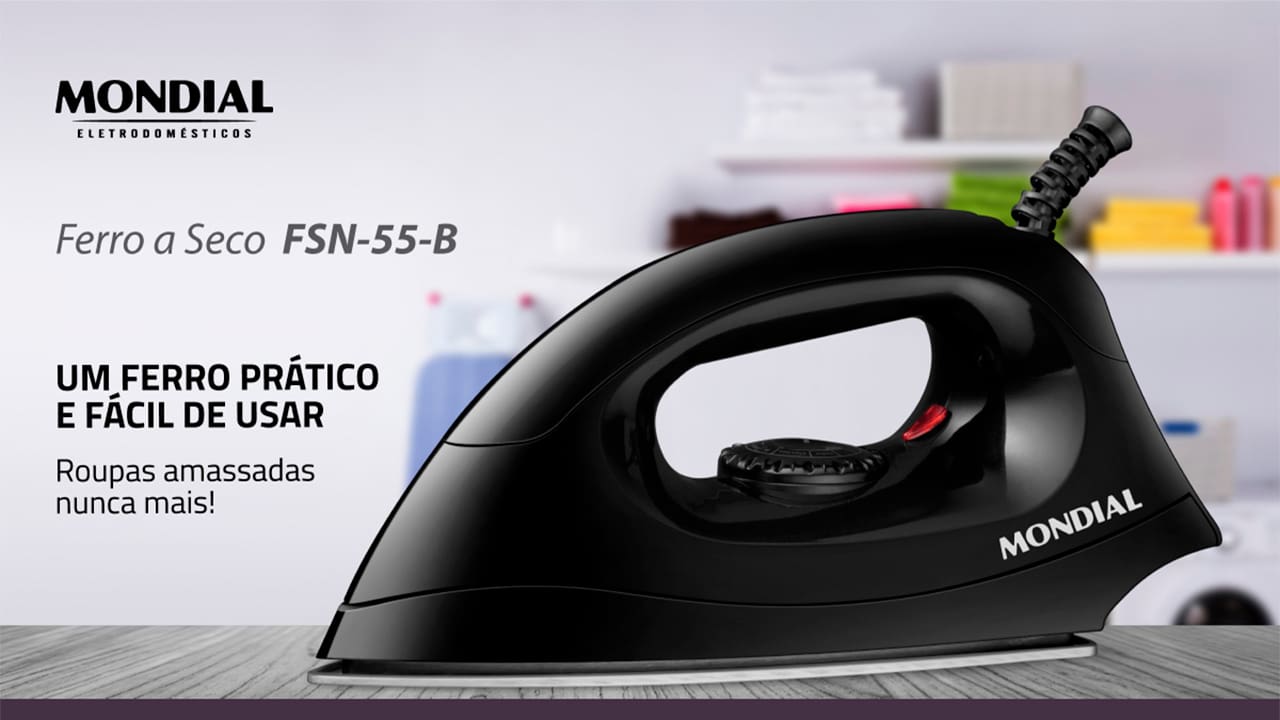 O Ferro de Passar a Seco Mondial FSN-55-B aquece rápido e desliza com segurança. Conta com base de alumínio polido que distribui o calor de maneira uniforme e rápida, sendo assim, é excelente para quem não precisa de vapor para desamassar os vincos mais difíceis - e é perfeito para aqueles que gostam de dar uma alisada rápida nas peças antes de vestir e sair. Conta com 6 níveis de temperatura, sendo adequado para tecidos dos mais leves e delicados aos pesados, de fios naturais. Tem, também, salva botões por toda a base e lâmpada piloto que indica quando está ligado. Tudo isso com 1000 W de potência e um design moderno e compacto que cabe em qualquer lugar.
