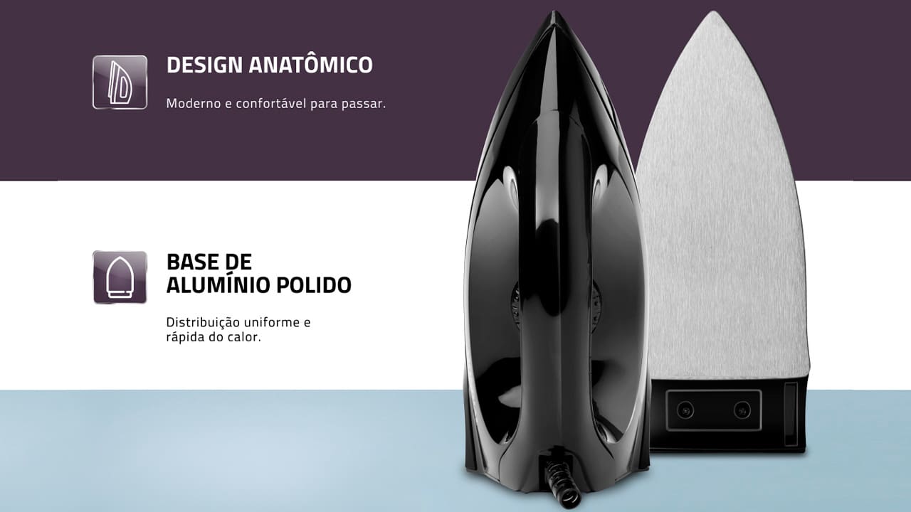 O Ferro de Passar a Seco Mondial FSN-55-B aquece rápido e desliza com segurança. Conta com base de alumínio polido que distribui o calor de maneira uniforme e rápida, sendo assim, é excelente para quem não precisa de vapor para desamassar os vincos mais difíceis - e é perfeito para aqueles que gostam de dar uma alisada rápida nas peças antes de vestir e sair. Conta com 6 níveis de temperatura, sendo adequado para tecidos dos mais leves e delicados aos pesados, de fios naturais. Tem, também, salva botões por toda a base e lâmpada piloto que indica quando está ligado. Tudo isso com 1000 W de potência e um design moderno e compacto que cabe em qualquer lugar.
