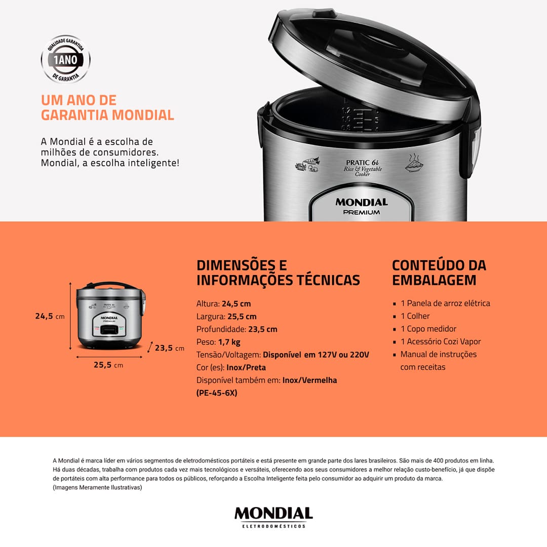 Fazer arroz já é fácil, e com a Panela Elétrica Mondial Pratic PE-43 será muito mais. Com ela, você também poderá cozinhar legumes e verduras no vapor, com rapidez e sem perder os nutrientes de cada alimento.