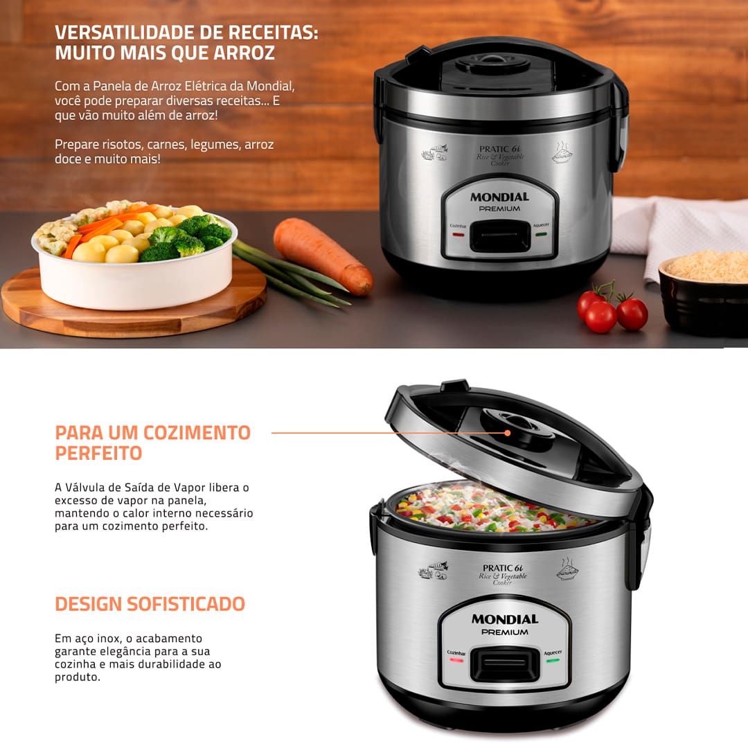 Fazer arroz já é fácil, e com a Panela Elétrica Mondial Pratic PE-43 será muito mais. Com ela, você também poderá cozinhar legumes e verduras no vapor, com rapidez e sem perder os nutrientes de cada alimento.