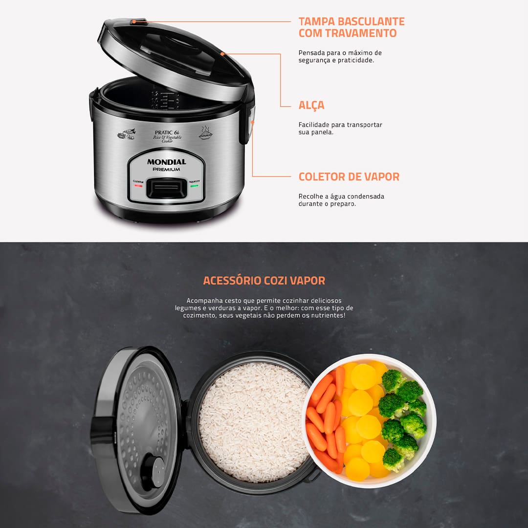 Fazer arroz já é fácil, e com a Panela Elétrica Mondial Pratic PE-43 será muito mais. Com ela, você também poderá cozinhar legumes e verduras no vapor, com rapidez e sem perder os nutrientes de cada alimento.