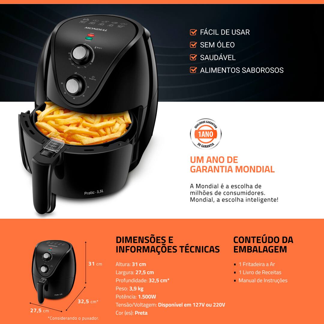 Fritadeira Elétrica Sem Óleo Air Fryer Mondial AF-35-BF 3,5L - Preto/Prata