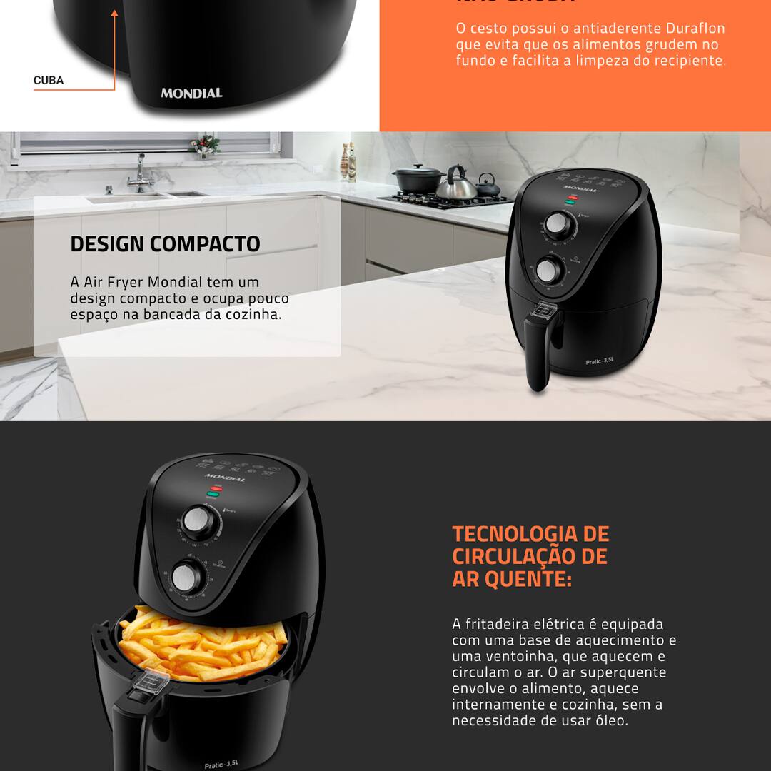 Fritadeira Elétrica Sem Óleo Air Fryer Mondial AF-35-BF 3,5L - Preto/Prata