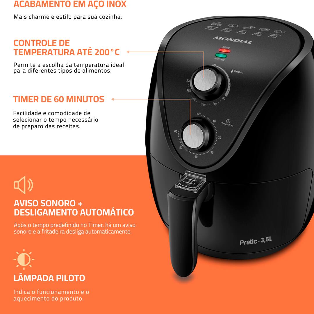 Fritadeira Elétrica Sem Óleo Air Fryer Mondial AF-35-BF 3,5L - Preto/Prata
