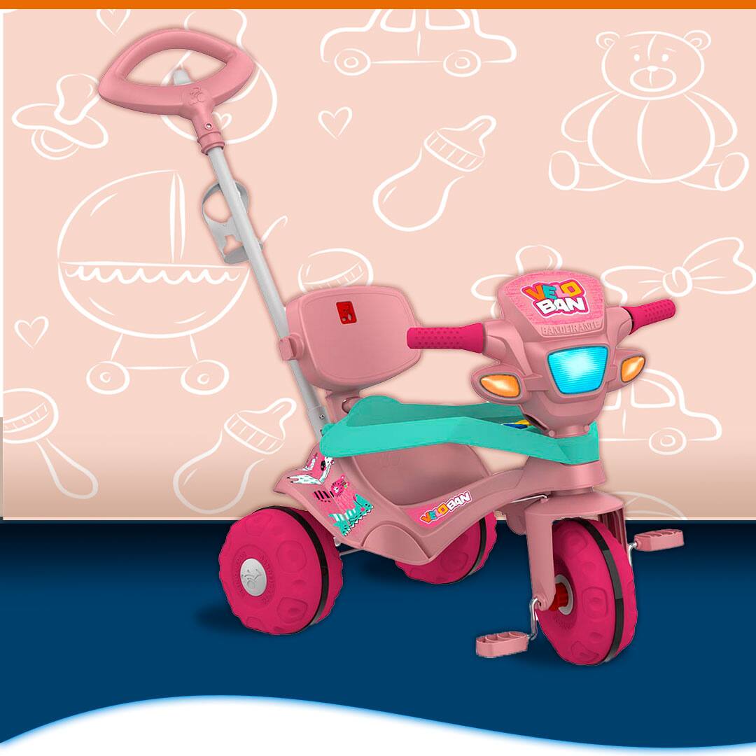 Triciclo Infantil Bandeirante Velobaby Passeio e Pedal Rosa