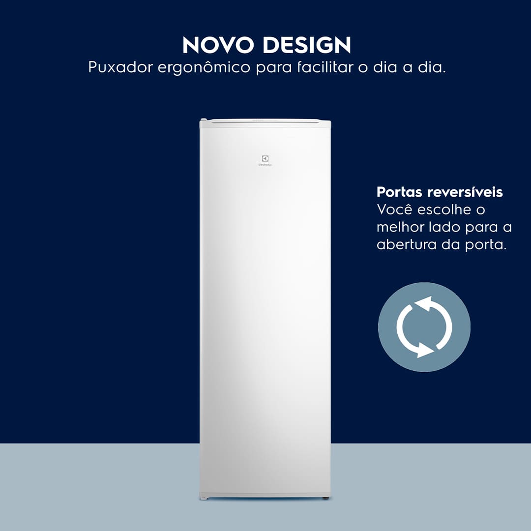 Design Moderno e Funcionalidade Aprimorada. O Freezer Vertical Electrolux 234 litros apresenta um design moderno com novas funcionalidades que elevam a experiência do usuário e otimizam a eficiência energética. Com puxador ergonômico e portas reversíveis, o freezer se adapta facilmente ao layout da sua casa ou estabelecimento, oferecendo praticidade e estilo em um único aparelho.