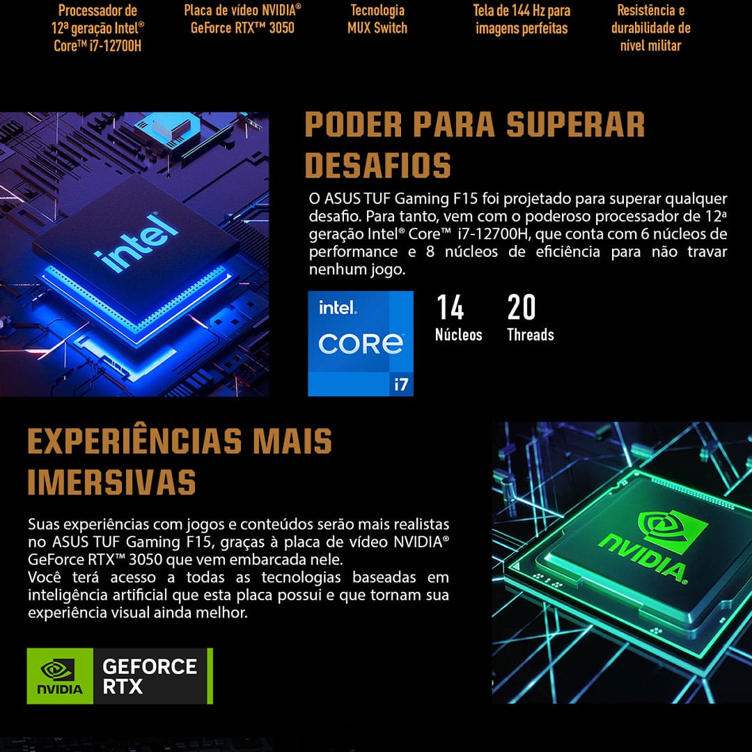 Desempenho Avassalador Placa de vídeo NVIDIA® GeForce® RTX™ 3050: Desfrute de gráficos incrivelmente realistas e jogabilidade mais fluida, mesmo em jogos com configurações elevadas. Processador Intel® Core™ i7: Libere todo o seu potencial com um processamento ultrarrápido e multitarefas eficiente. 8 GB de memória RAM expansível: Fluidez do sistema jogos sem travamentos. Armazenamento SSD de 512 GB: Seus jogos, arquivos e programas com rapidez surpreendente.