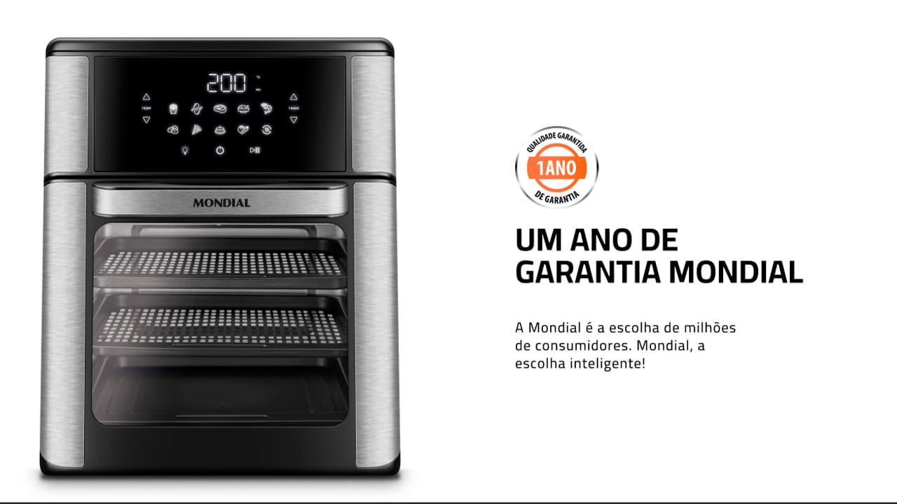 O modelo OVEN alia as vantagens da tecnologia da Air Fryer ao espaço e versatilidade do forno. Você pode assar, cozinhar e fritar sem óleo e com perfeição. Cesto de 5 Litros + 3 exclusivas assadeiras: Você tem a opção de usar as três exclusivas assadeiras com antiaderente, que são resistentes e fáceis de usar e limpar. As 2 assadeiras são ideias para pão de queijo, nuggets, pizza, entre outros e 1 assadeira fechada para preparar assados e alimentos com molho. Já o cesto, com capacidade de 5 litros, é indicado para preparar assados, batata frita, bolo e muito mais!