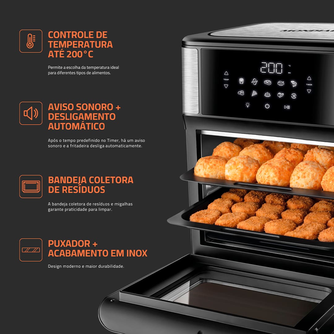 O modelo OVEN alia as vantagens da tecnologia da Air Fryer ao espaço e versatilidade do forno. Você pode assar, cozinhar e fritar sem óleo e com perfeição. Cesto de 5 Litros + 3 exclusivas assadeiras: Você tem a opção de usar as três exclusivas assadeiras com antiaderente, que são resistentes e fáceis de usar e limpar. As 2 assadeiras são ideias para pão de queijo, nuggets, pizza, entre outros e 1 assadeira fechada para preparar assados e alimentos com molho. Já o cesto, com capacidade de 5 litros, é indicado para preparar assados, batata frita, bolo e muito mais!