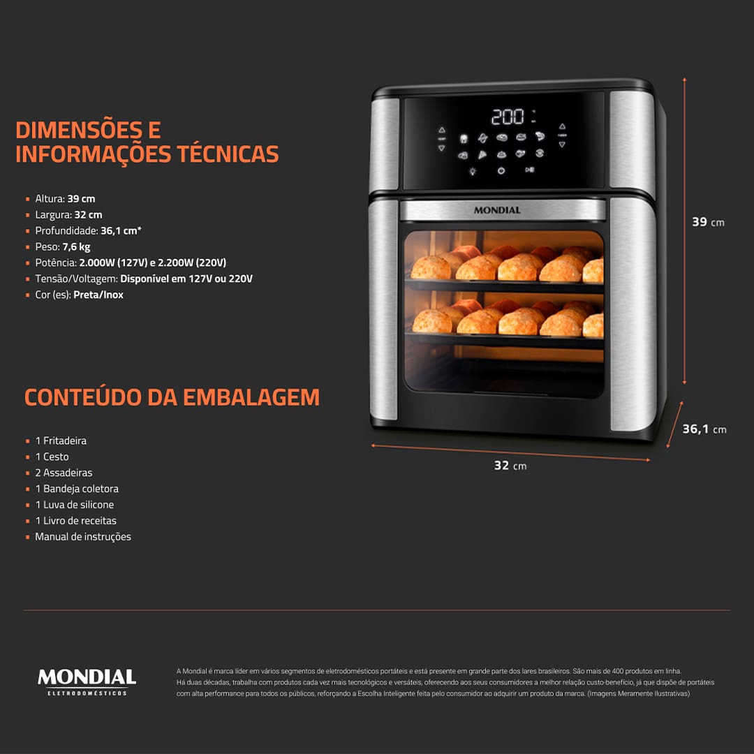 O modelo OVEN alia as vantagens da tecnologia da Air Fryer ao espaço e versatilidade do forno. Você pode assar, cozinhar e fritar sem óleo e com perfeição. Cesto de 5 Litros + 3 exclusivas assadeiras: Você tem a opção de usar as três exclusivas assadeiras com antiaderente, que são resistentes e fáceis de usar e limpar. As 2 assadeiras são ideias para pão de queijo, nuggets, pizza, entre outros e 1 assadeira fechada para preparar assados e alimentos com molho. Já o cesto, com capacidade de 5 litros, é indicado para preparar assados, batata frita, bolo e muito mais!