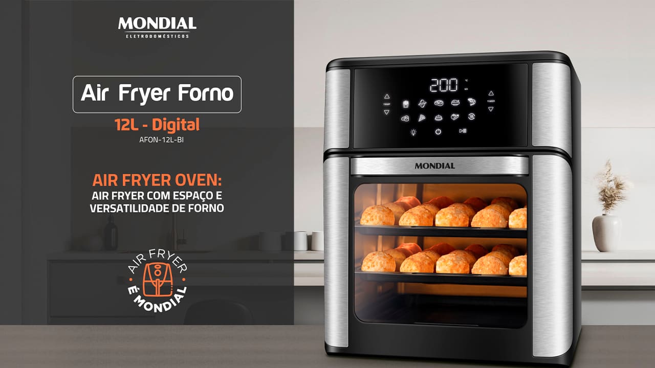 O modelo OVEN alia as vantagens da tecnologia da Air Fryer ao espaço e versatilidade do forno. Você pode assar, cozinhar e fritar sem óleo e com perfeição. Cesto de 5 Litros + 3 exclusivas assadeiras: Você tem a opção de usar as três exclusivas assadeiras com antiaderente, que são resistentes e fáceis de usar e limpar. As 2 assadeiras são ideias para pão de queijo, nuggets, pizza, entre outros e 1 assadeira fechada para preparar assados e alimentos com molho. Já o cesto, com capacidade de 5 litros, é indicado para preparar assados, batata frita, bolo e muito mais!