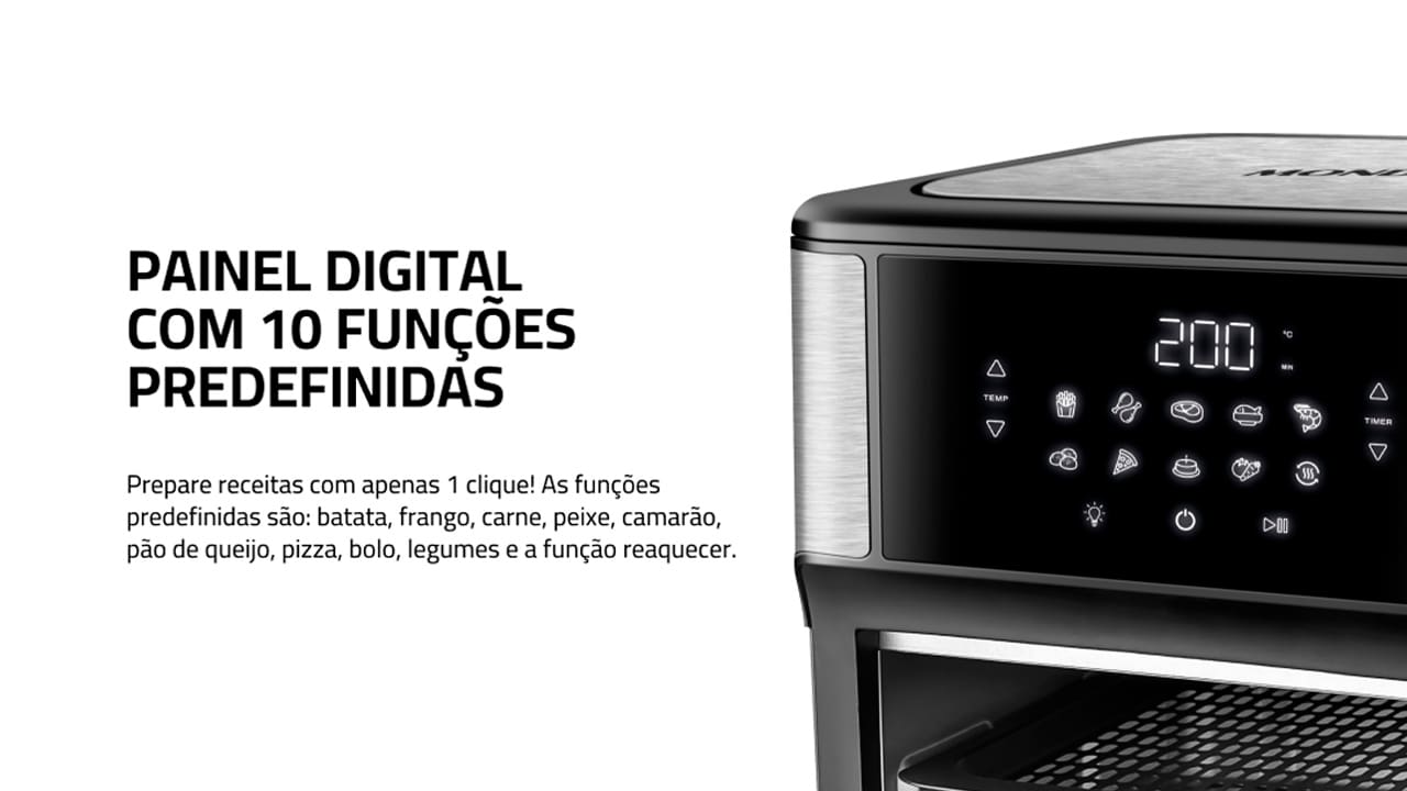 O modelo OVEN alia as vantagens da tecnologia da Air Fryer ao espaço e versatilidade do forno. Você pode assar, cozinhar e fritar sem óleo e com perfeição. Cesto de 5 Litros + 3 exclusivas assadeiras: Você tem a opção de usar as três exclusivas assadeiras com antiaderente, que são resistentes e fáceis de usar e limpar. As 2 assadeiras são ideias para pão de queijo, nuggets, pizza, entre outros e 1 assadeira fechada para preparar assados e alimentos com molho. Já o cesto, com capacidade de 5 litros, é indicado para preparar assados, batata frita, bolo e muito mais!